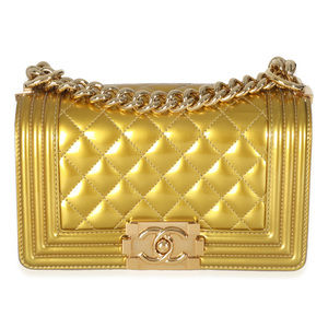 Chanel Gold Metallic Patent Calfskin Quilted Small Boy Bag